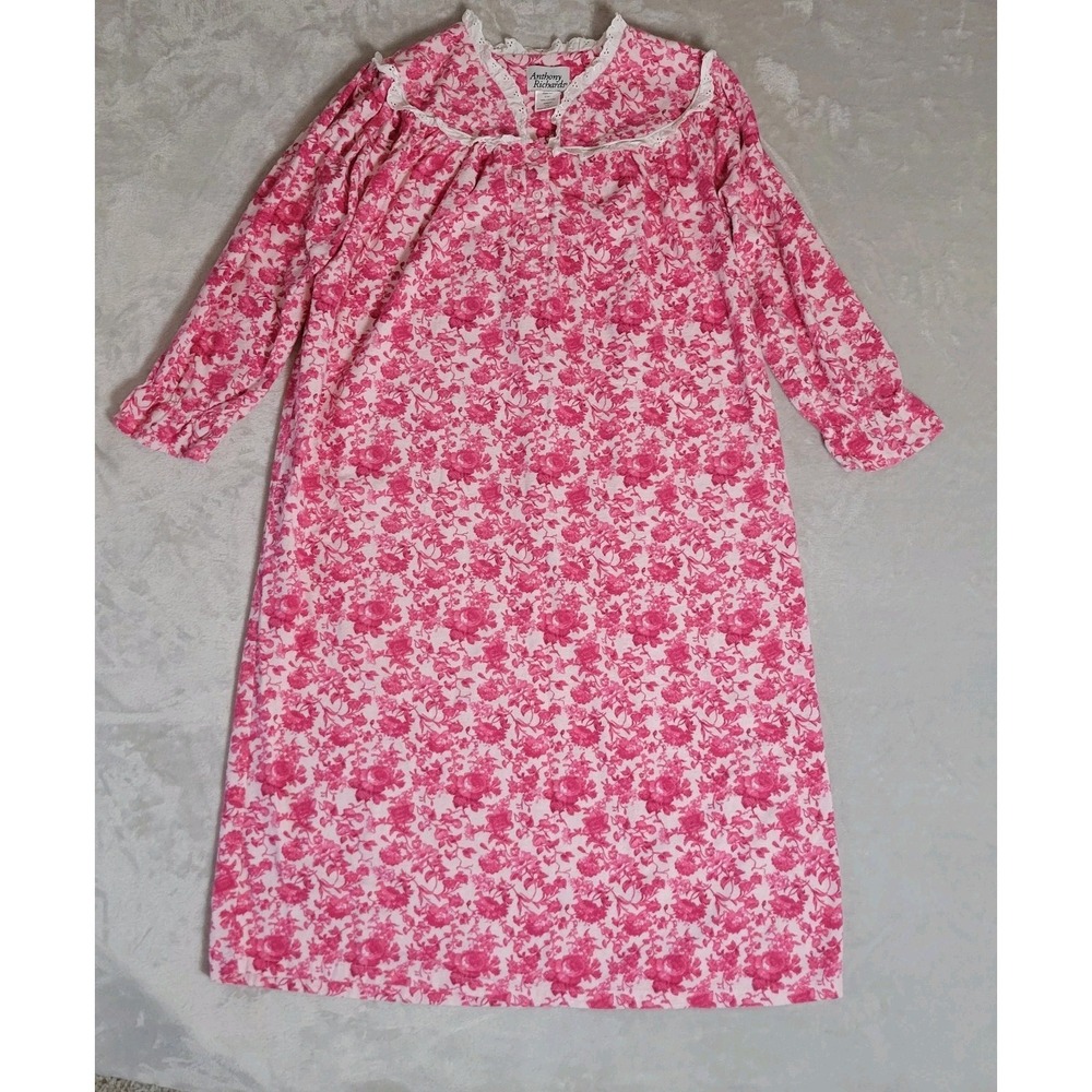 Red Floral Soft Flannel Granny Nightgown Large Cotton Eyelet Lace